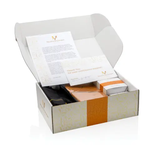 cardboard box with branded merchandise