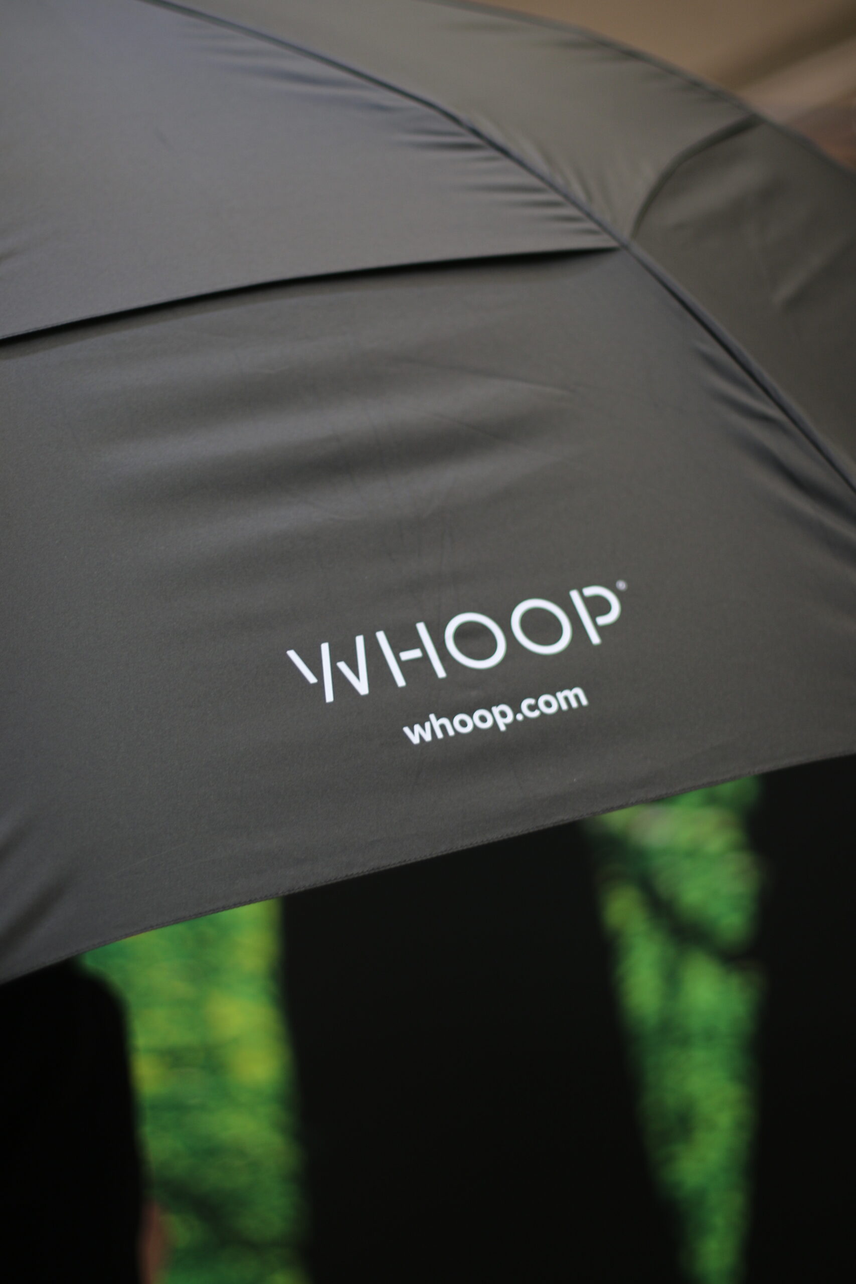 black umbrella with white whoop writing