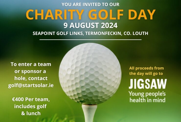 An advertising for a charity golf day on the 9th August 2024 for Start Solar sponsored by The Printed Image